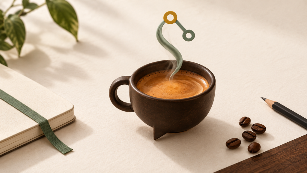 Taza de café con vapor en forma de conexiones de conocimiento para Café con Sentido