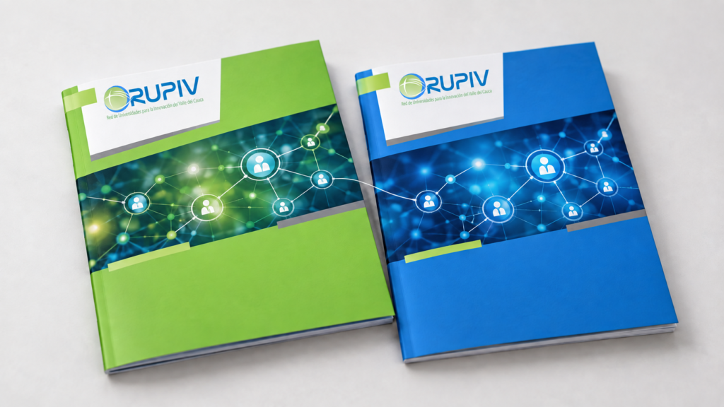 Brochures académico y empresarial de la RUPIV en verde y azul, unidos por una red de conexiones.