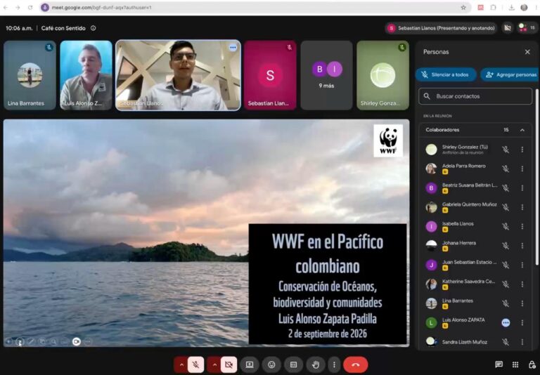 Pantalla de Café con Sentido sobre conservación del Pacífico colombiano, con participantes conectados.
